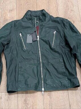 $698 Mens John Varvatos "Jared" Racer Leather Zip Up Jacket Seaweed 50 US 40